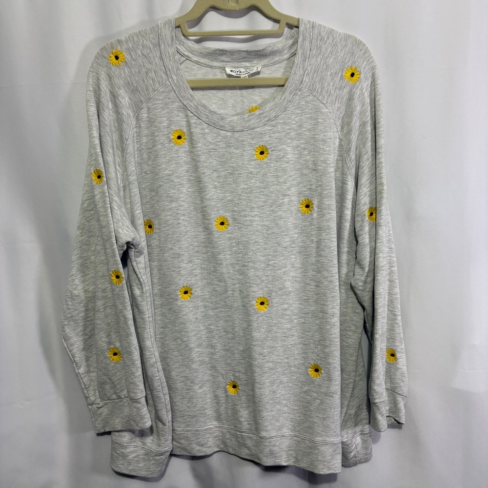 Workshop Republic Clothing Sunflower Embroidered Heather Gray Sweatshirt 2X